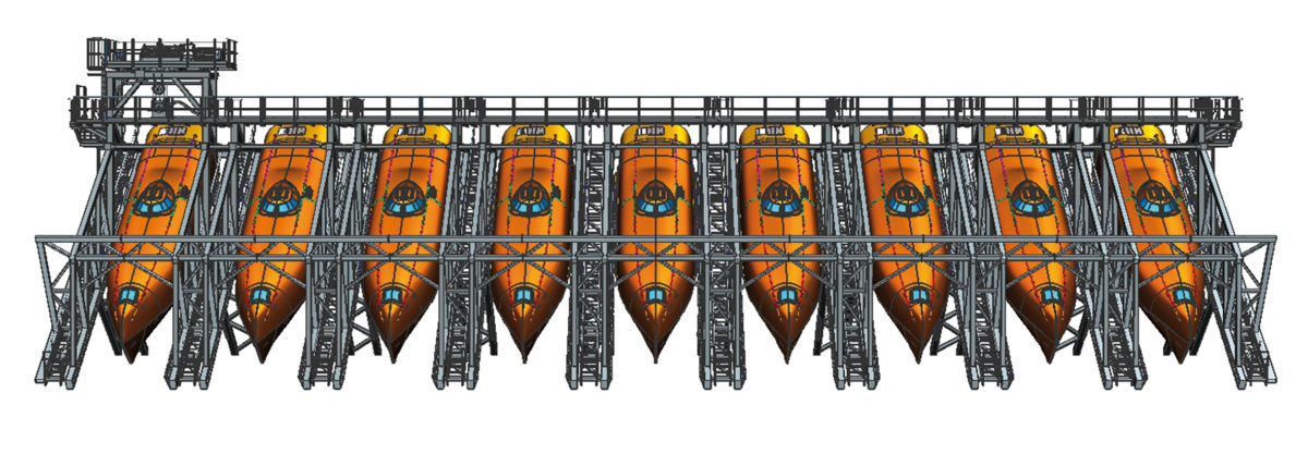 Drawing of nine PALFINGER free-fall lifeboat systems, including nine boats attached to nine corresponding davits