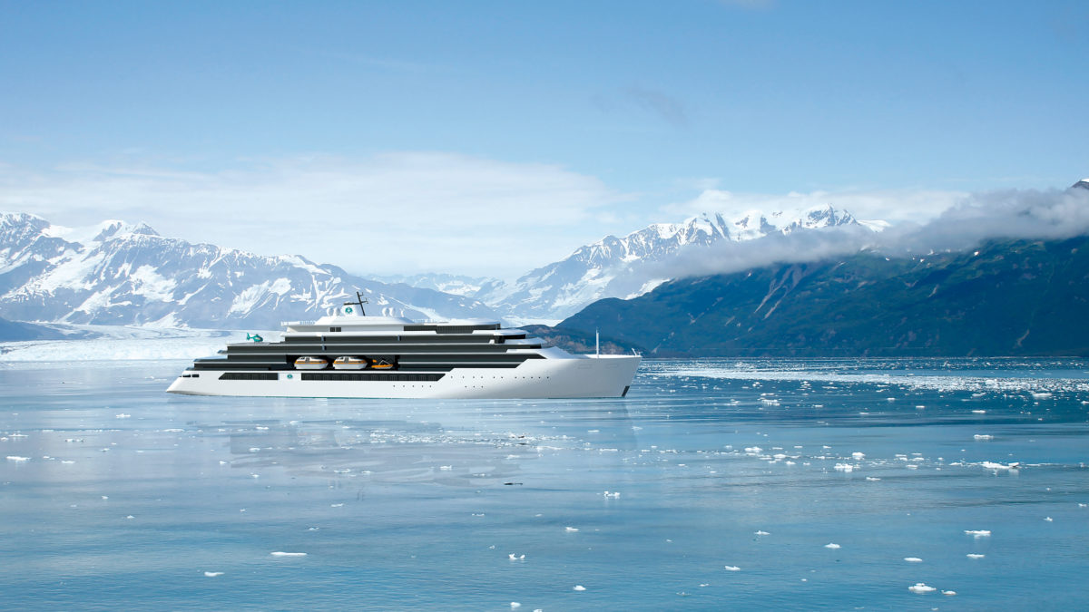 3D rendering showing a cruise yacht navigating through icy waters in an arctic-like landscape
