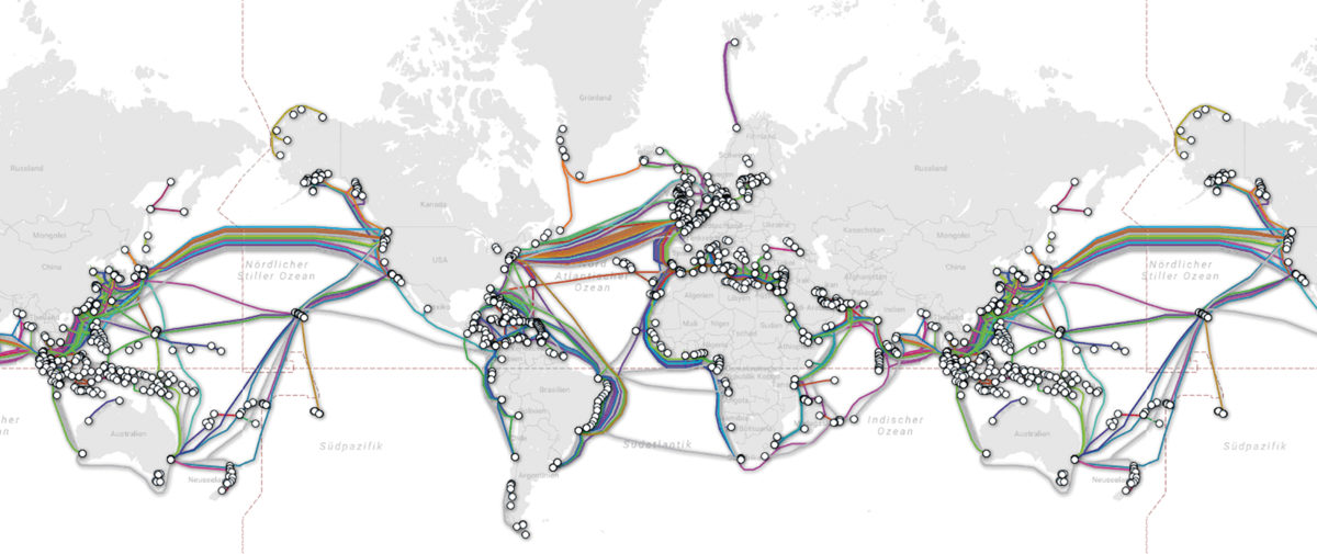 World map visualizing network of submarine cables