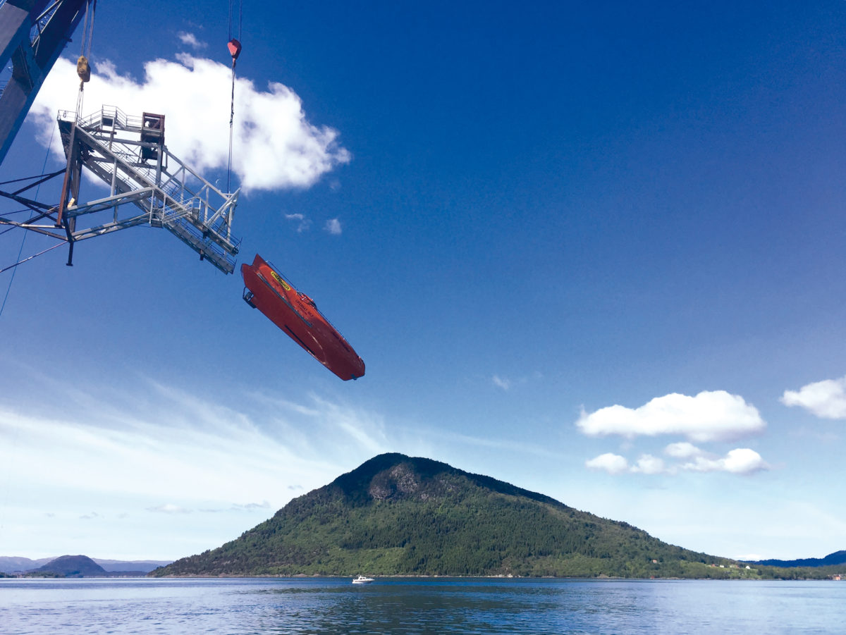 PALFINGER free-fall lifeboat being released into the sea during a test