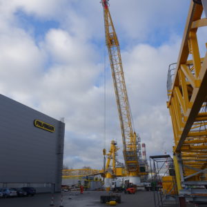 Crane in upright position at the production facility