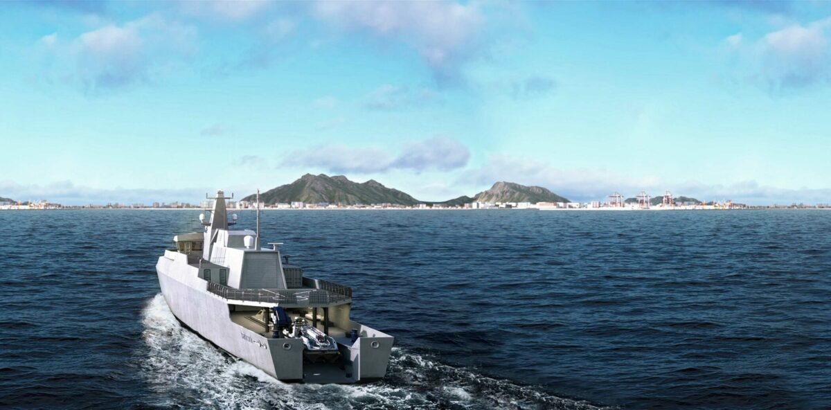 Image showing a vessel at sea; the emphasis is on a PALFINGER slipway system integrated into the vessel. A PALFINGER marine crane is also visible on deck.