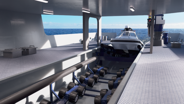 Image shows the inside of a vessel, more specifically, a PALFINGER slipway system which is launching a boat into the water.