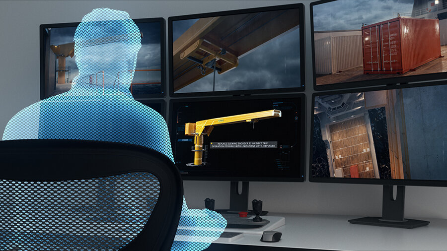 Rendered visual showing a man from behind in a control room as he faces six displays showing a crane.